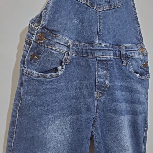 Bluenotes | Cut Off Denim Raw Hem Distressed Overall Shorts - Picture 3 of 8